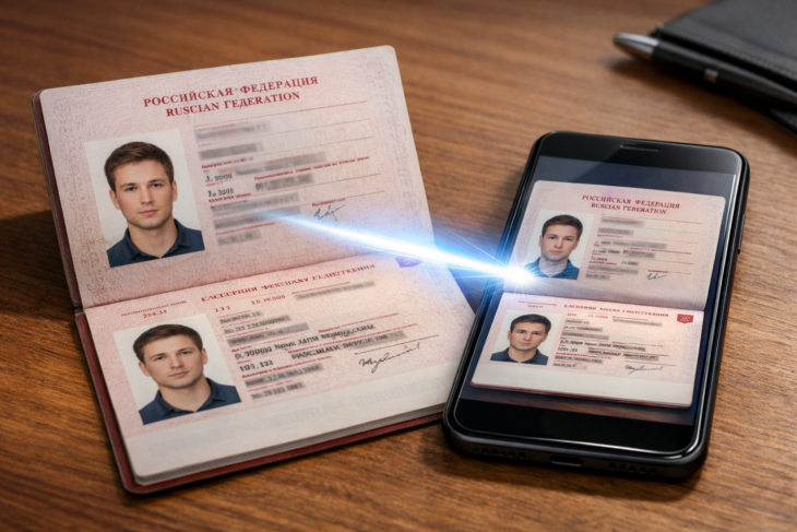 Цифровая копия разворота паспорта на экране планшета во время сканирования.