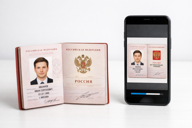 Сканирование разворота паспорта смартфоном для получения единого документа.